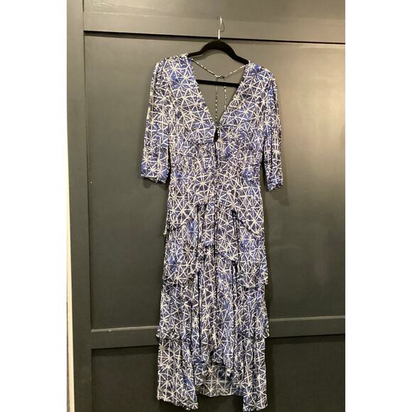 Maje Rufflani Ruffled 3/4 sleeve blue Midi Dress size 36 US 2 / 4 - Picture 5 of 10